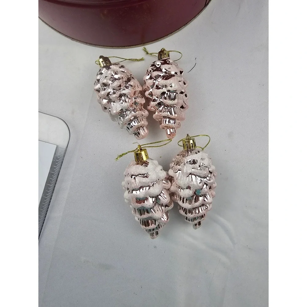 Christmas‎ Stocking Ornament Pinecone Rose Gold Glitter Set Decor Tin